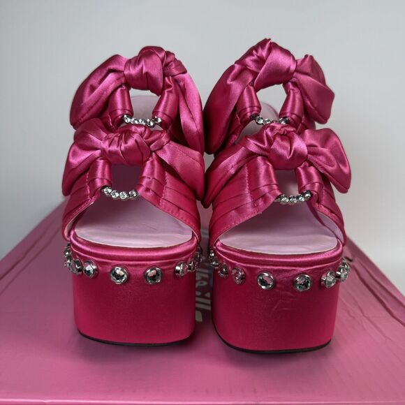 Sugar Thrillz Strike a Pose Diamante Bow Mule Heels Pink Satin Platform Size 10 - Picture 2 of 12